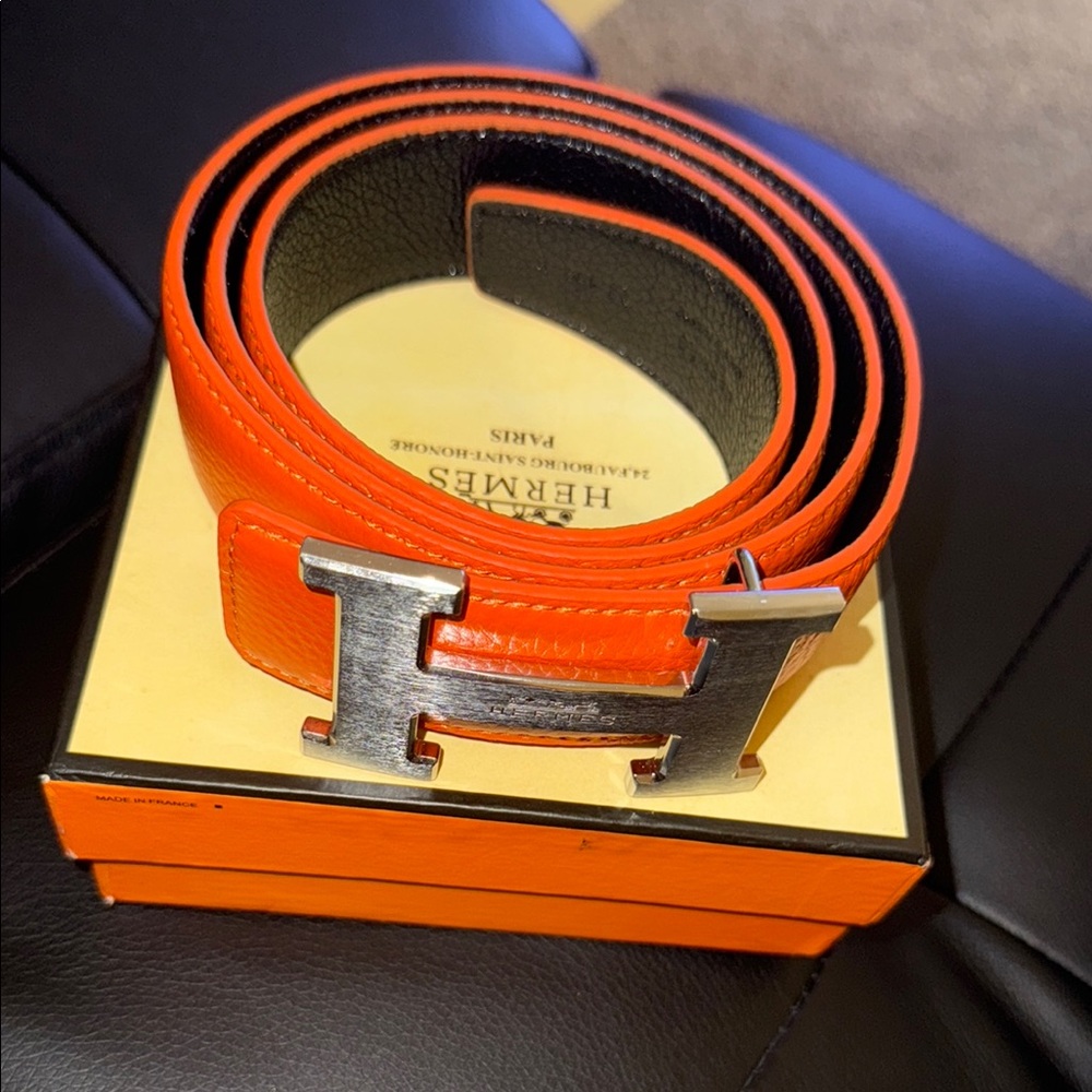 Hermès Orange Leather Belt with Silver Buckle